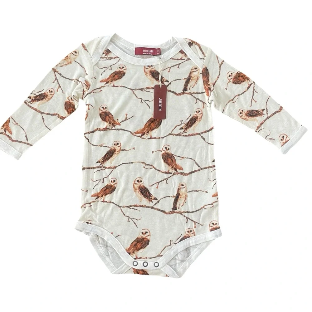 New! Milkbarn Owl Bamboo Long Sleeve One Piece 6-12 Months